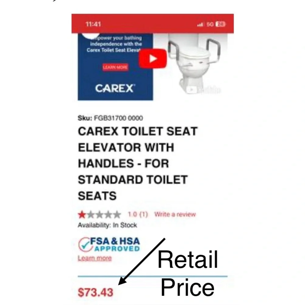 CAREX Toilet Seat Elevator w/Handles STD RD Grip Aid Assist Lightweight NEW NIB